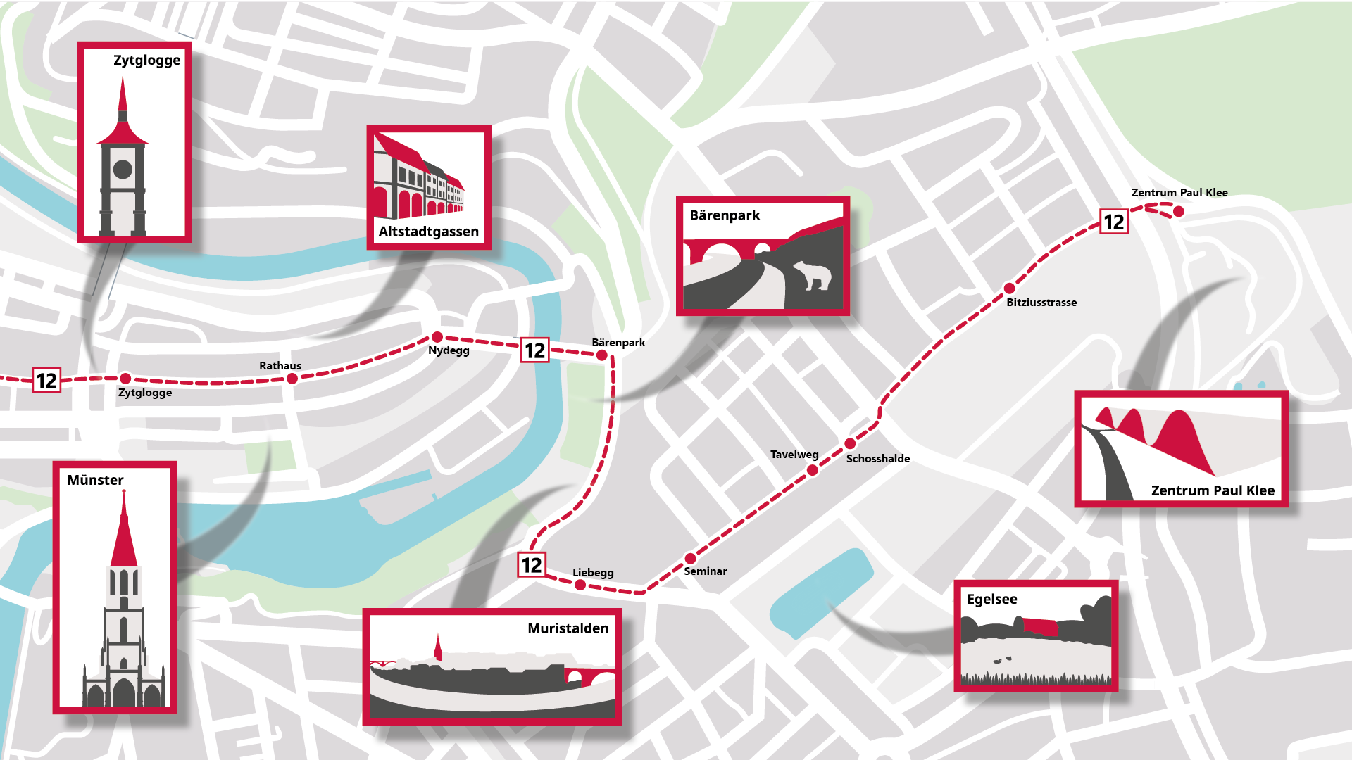 Plan mit Sehenswürdigkeiten auf der Linie 12