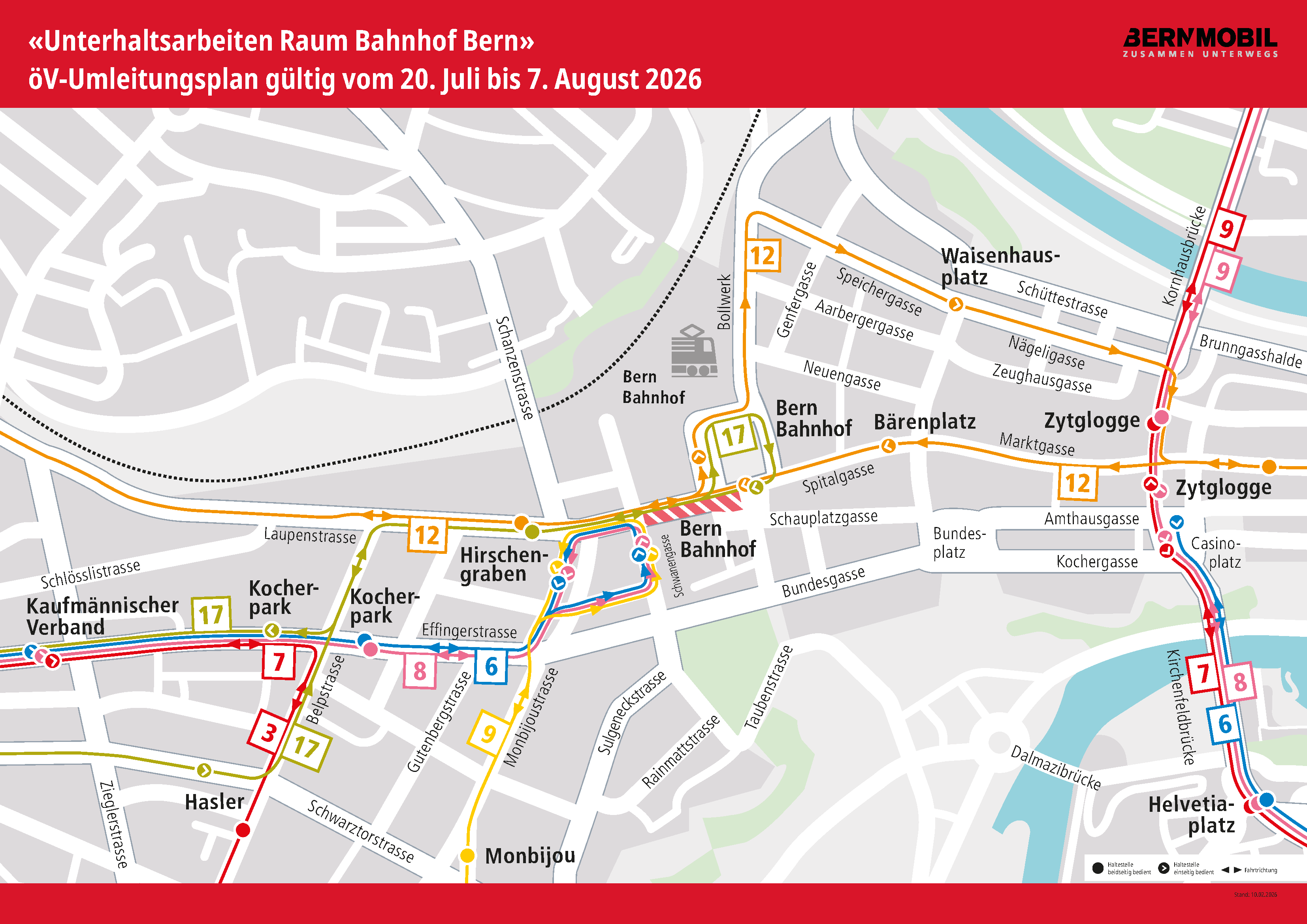 Umleitungsplan Unterhaltsarbeiten Raum Bahnhof Bern 20.07.-07.08.2026